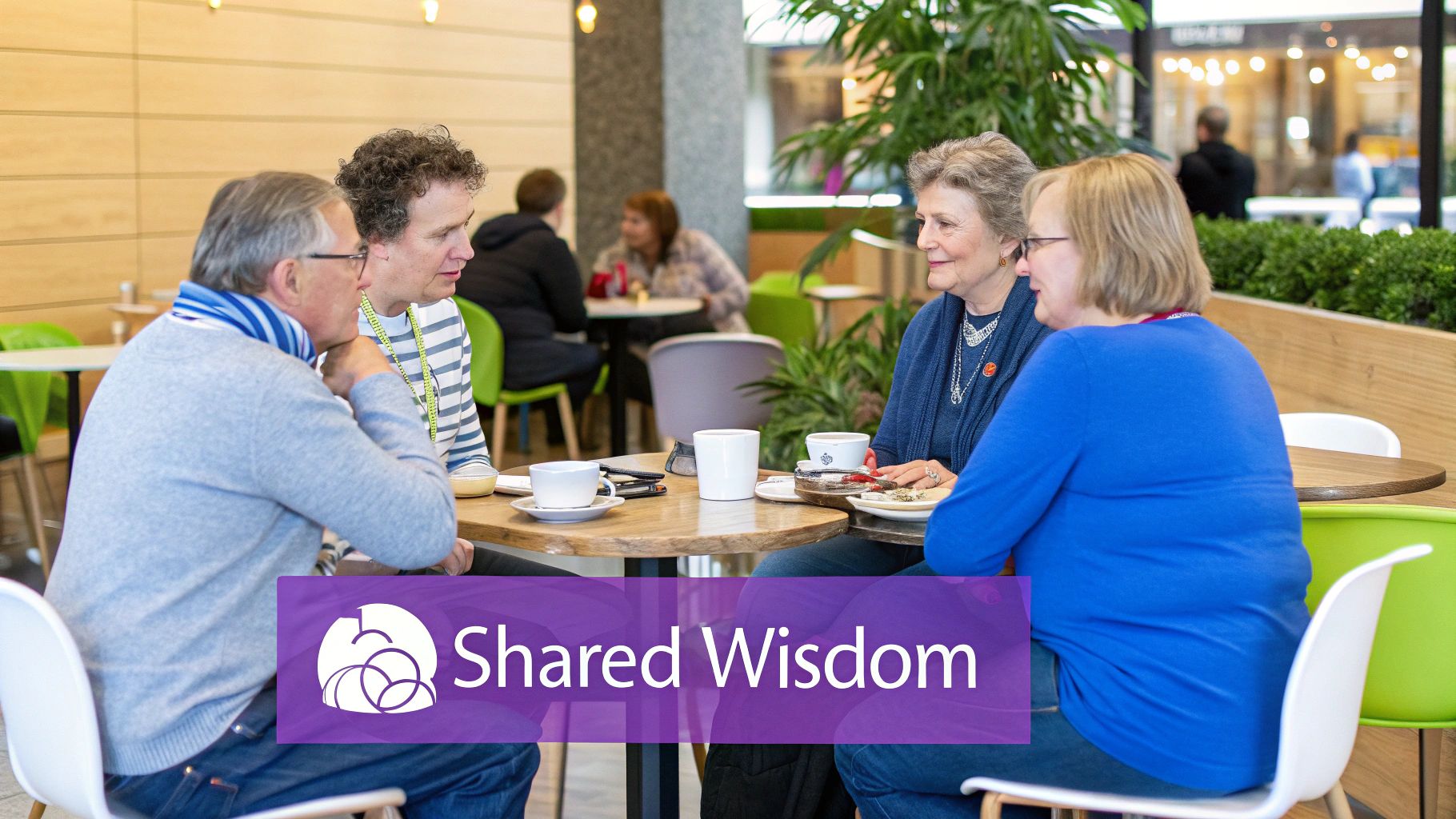 An illustration showing people sitting around several small tables, engaged in conversation, representing the World Café Method in action.