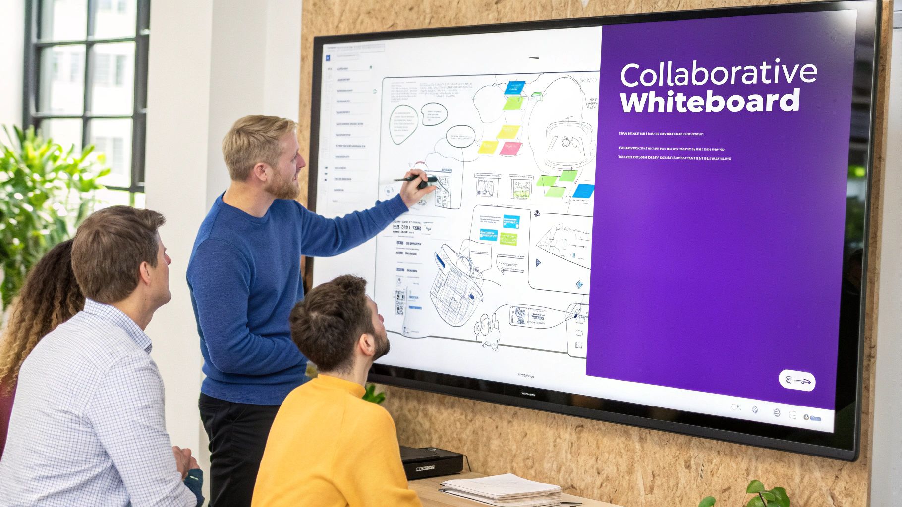 Three colleagues brainstorm ideas on a large interactive whiteboard, with one person drawing visuals.