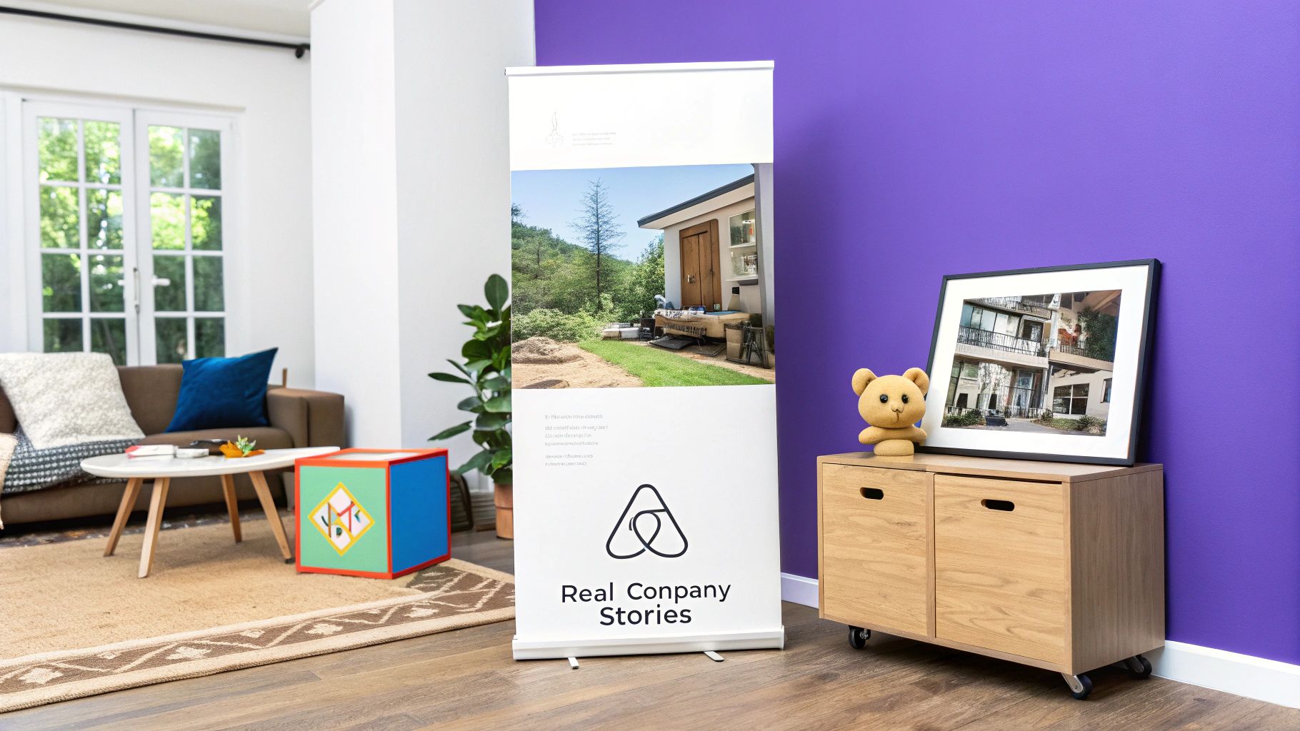 A modern living room with an Airbnb-like banner display, couch, wooden cabinet, and colorful cube.