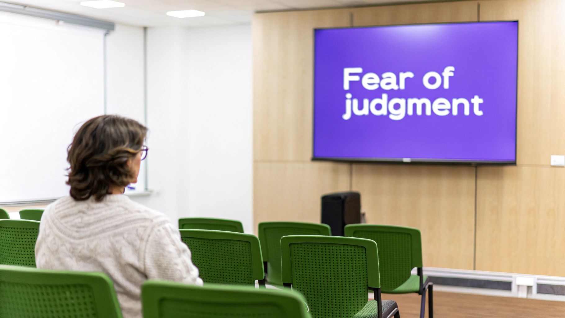 Person from behind watching a screen displaying 'Fear of judgment' in a presentation room.