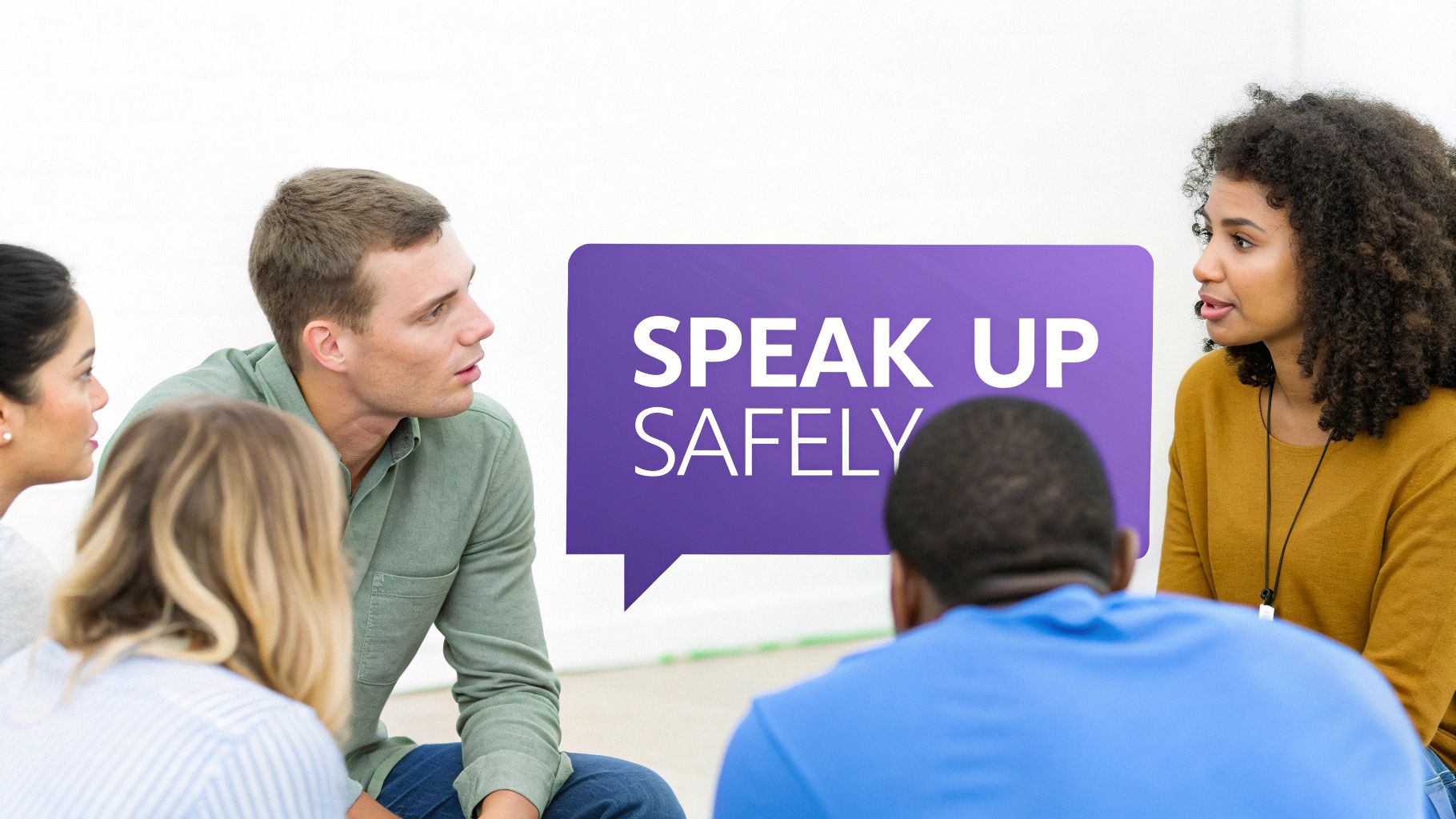 Diverse group of people in a circle, discussing with a 'SPEAK UP SAFELY' speech bubble.