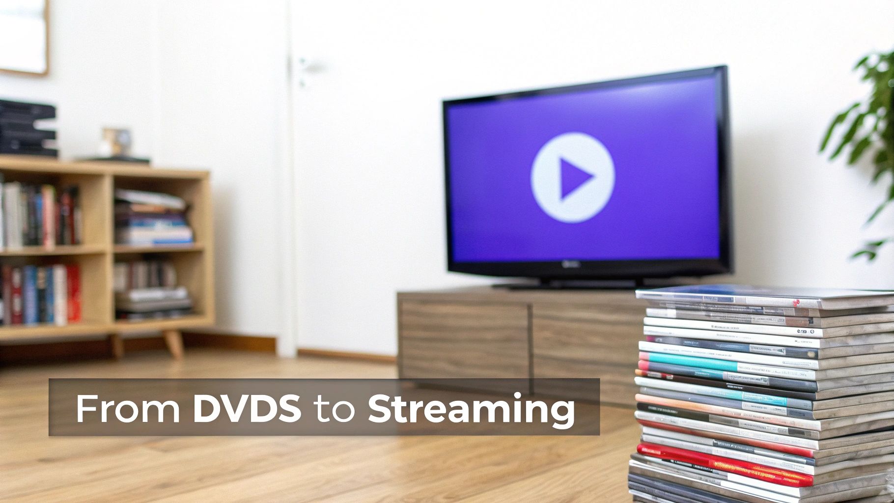 A living room with a TV showing a play button and a stack of DVDs, representing the shift to streaming.