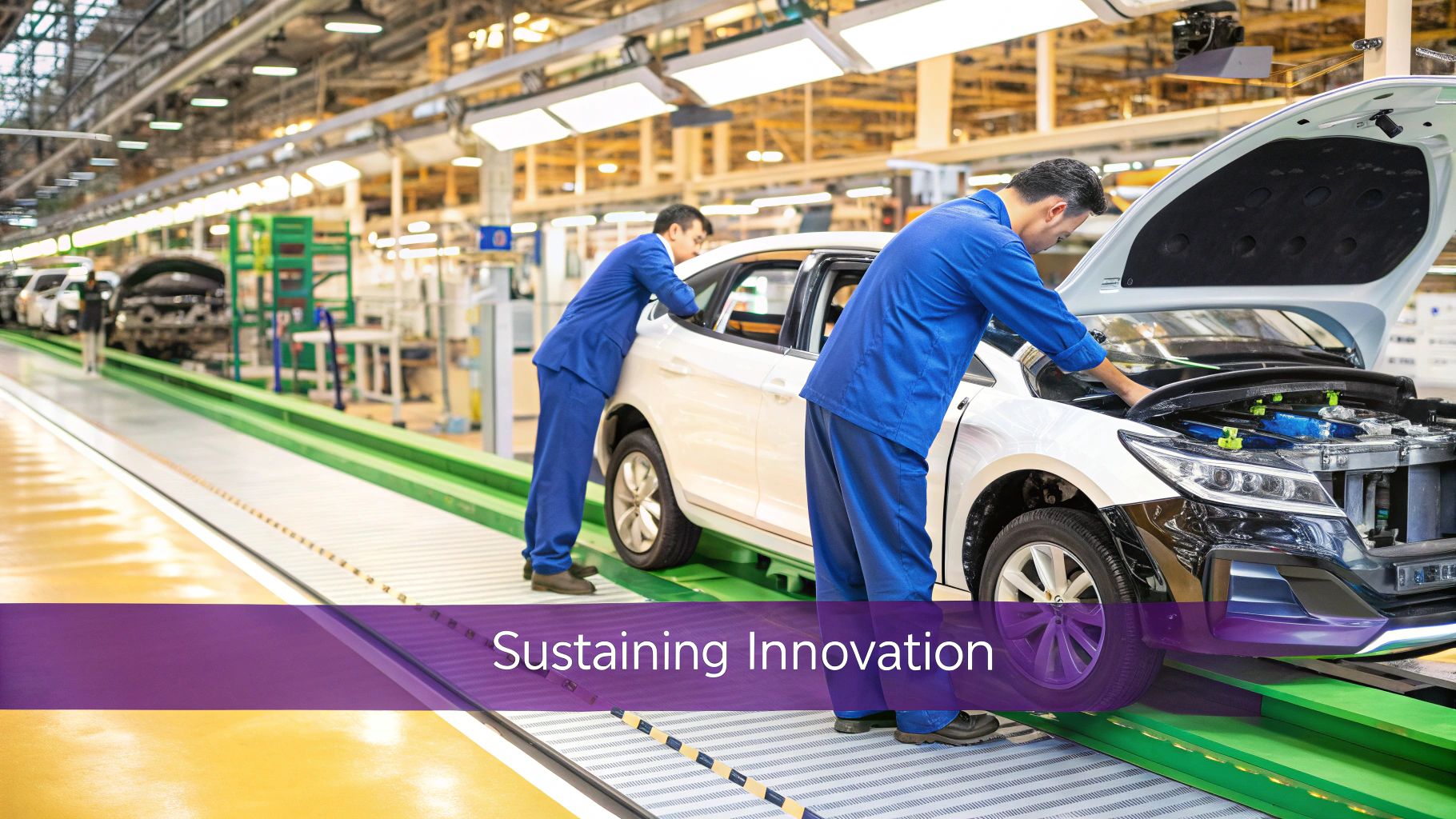 A team of engineers carefully refining a car engine model