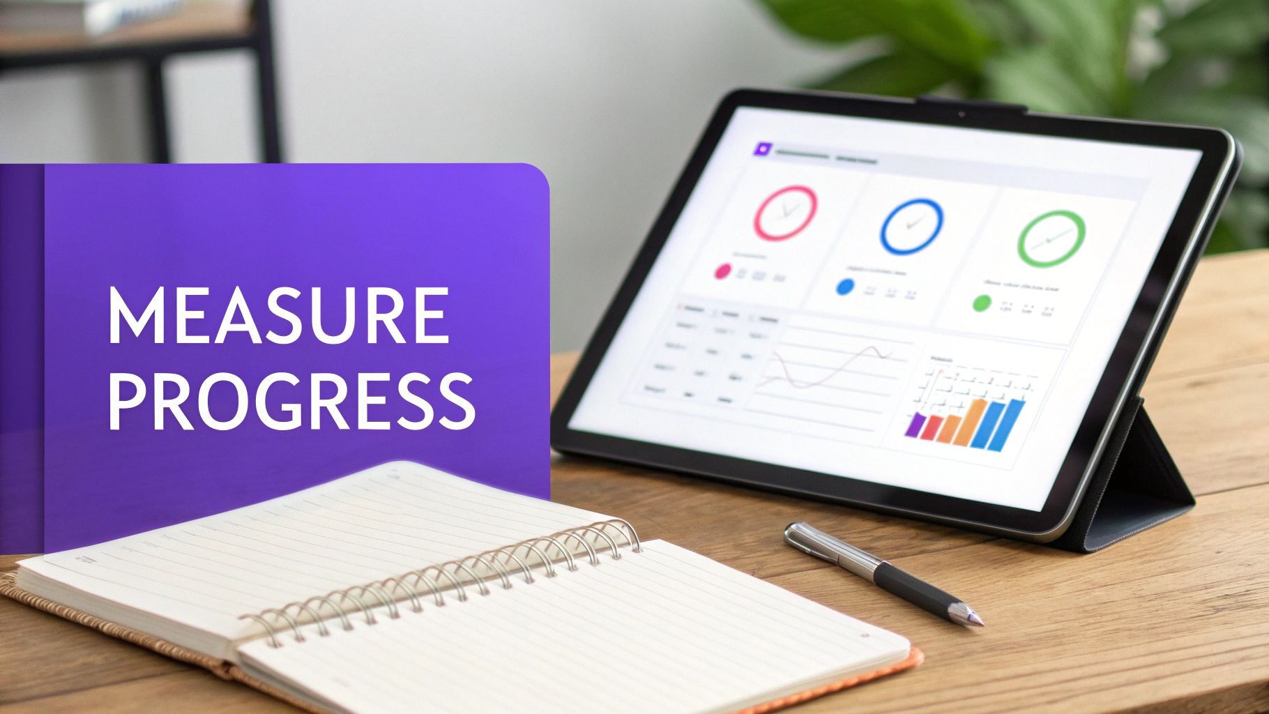 Digital analytics dashboard on tablet displaying progress metrics with notebook and pen on wooden desk