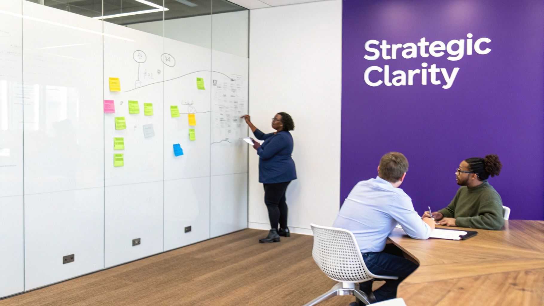 A team collaborating on a SWOT analysis using sticky notes on a glass wall, illustrating strategic planning.