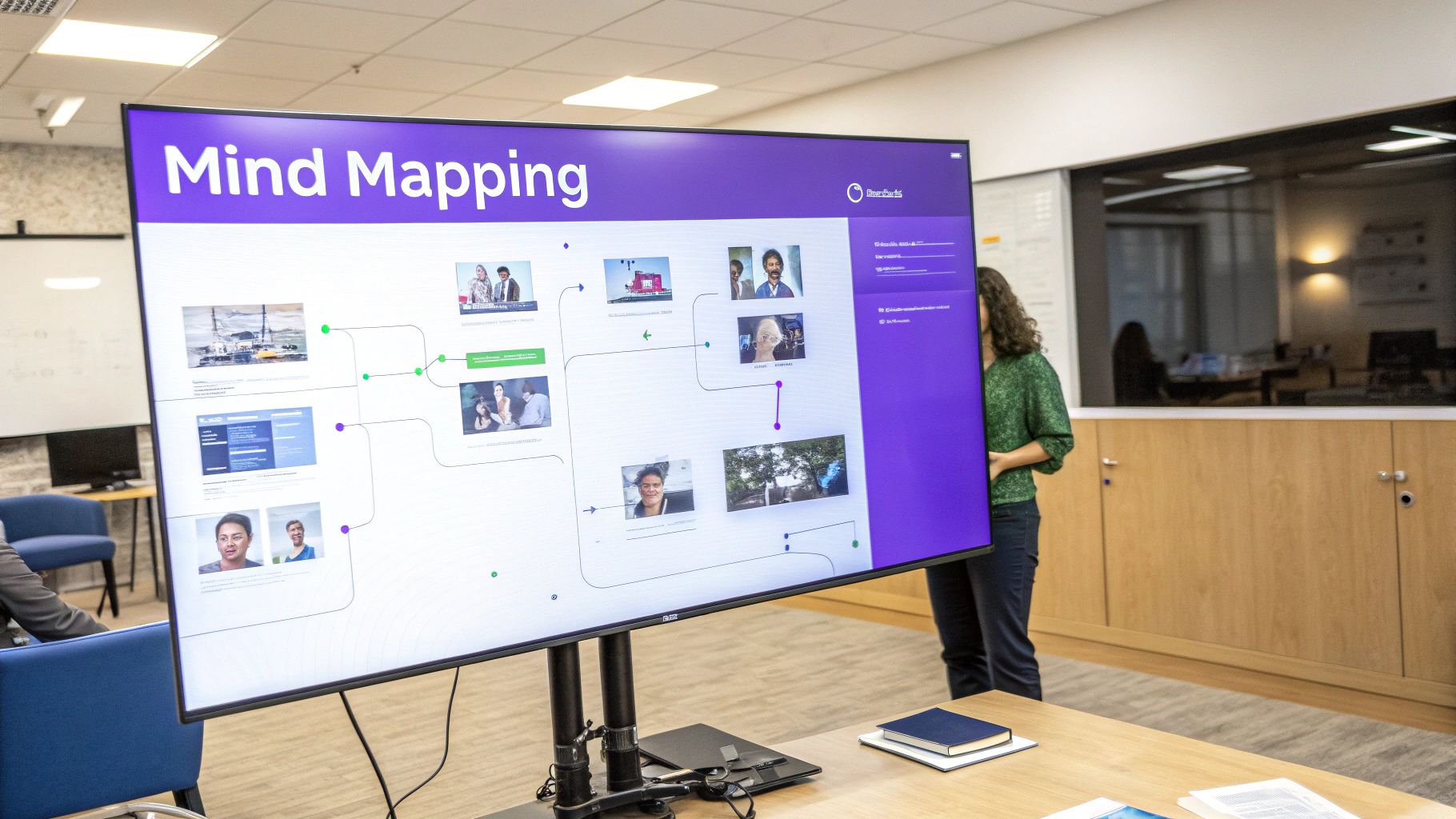 A large screen displays a 'Mind Mapping' presentation with various images and connections in a modern office setting.