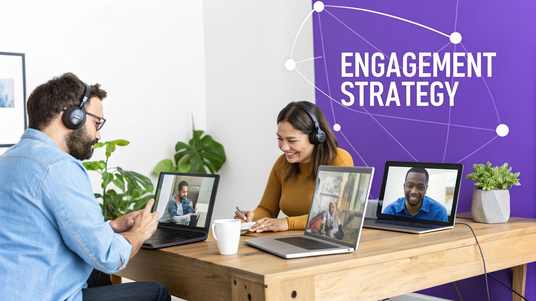 Two diverse professionals engage in a remote meeting on laptops, discussing engagement strategy.