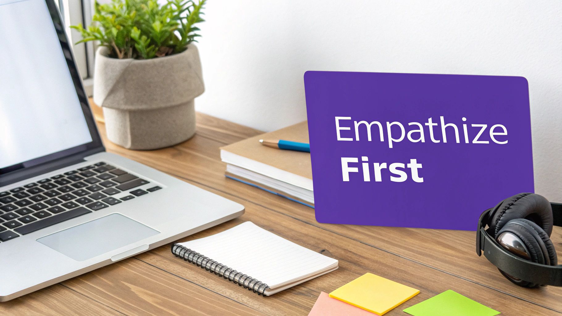 A work desk setup with a laptop, potted plant, headphones, and an 'Empathize First' sign.