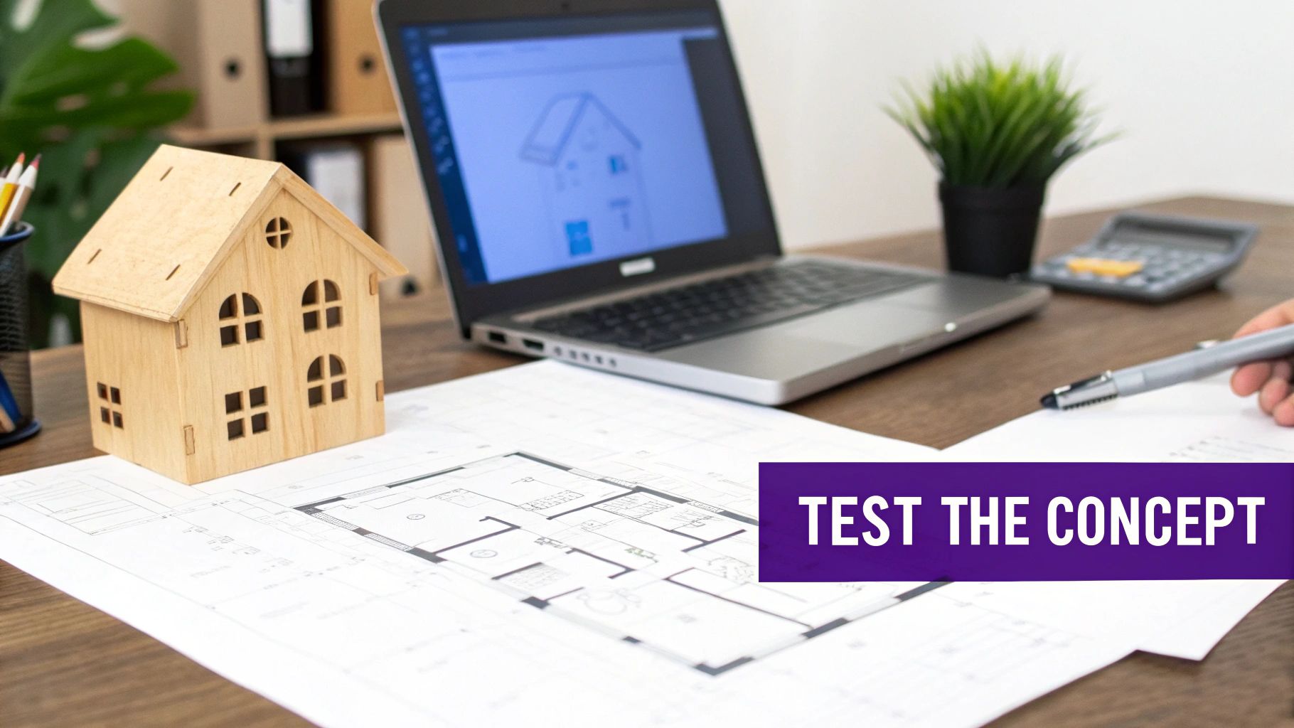 A wooden house model, architectural blueprints, and a laptop on a desk, representing house design.