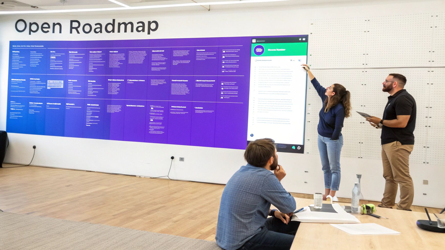 Team discusses product roadmap and mission tracker on a large digital display in a bright office.