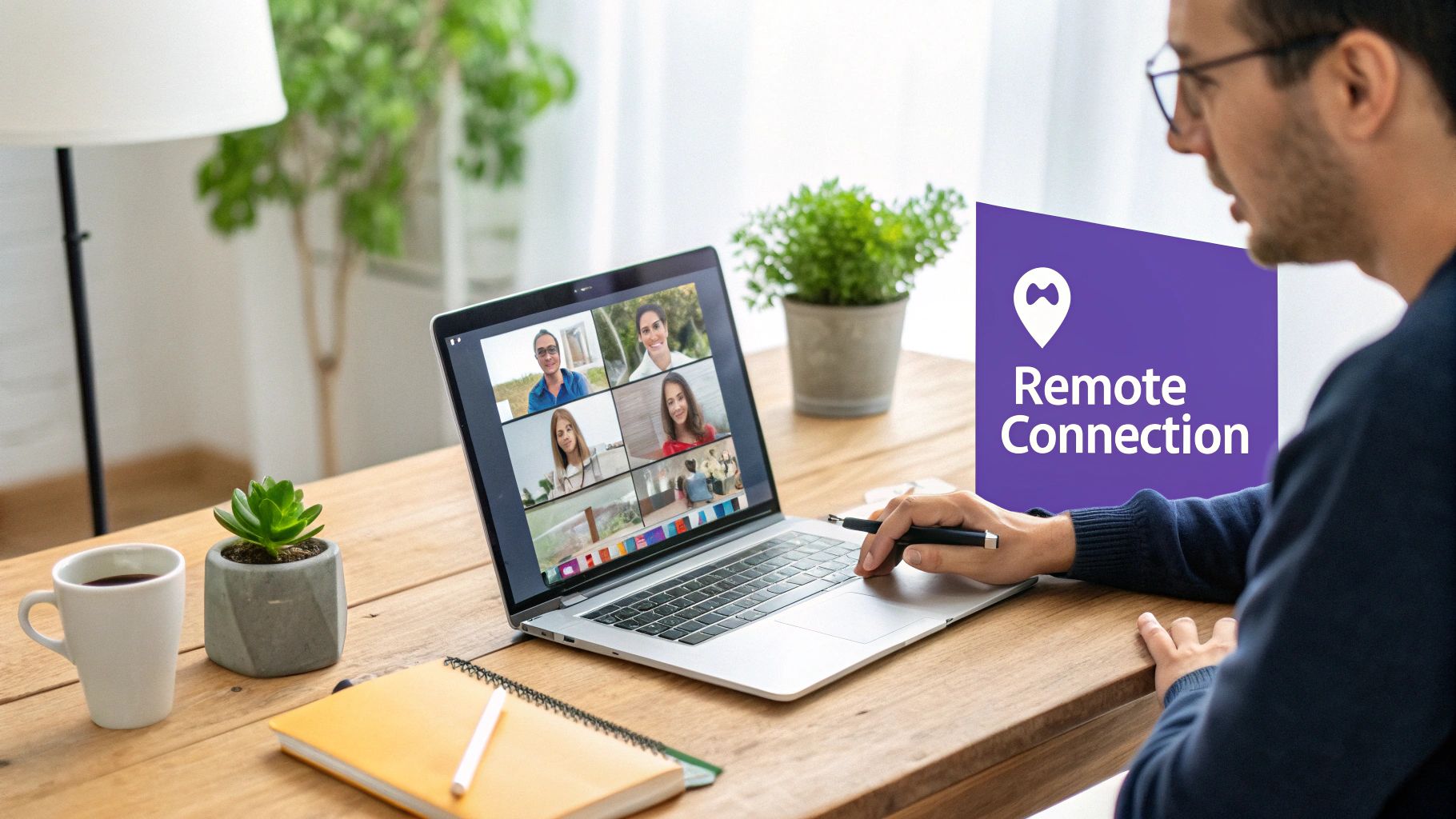 A man on a wooden desk using a laptop for a video call, featuring a 'Remote Connection' graphic.