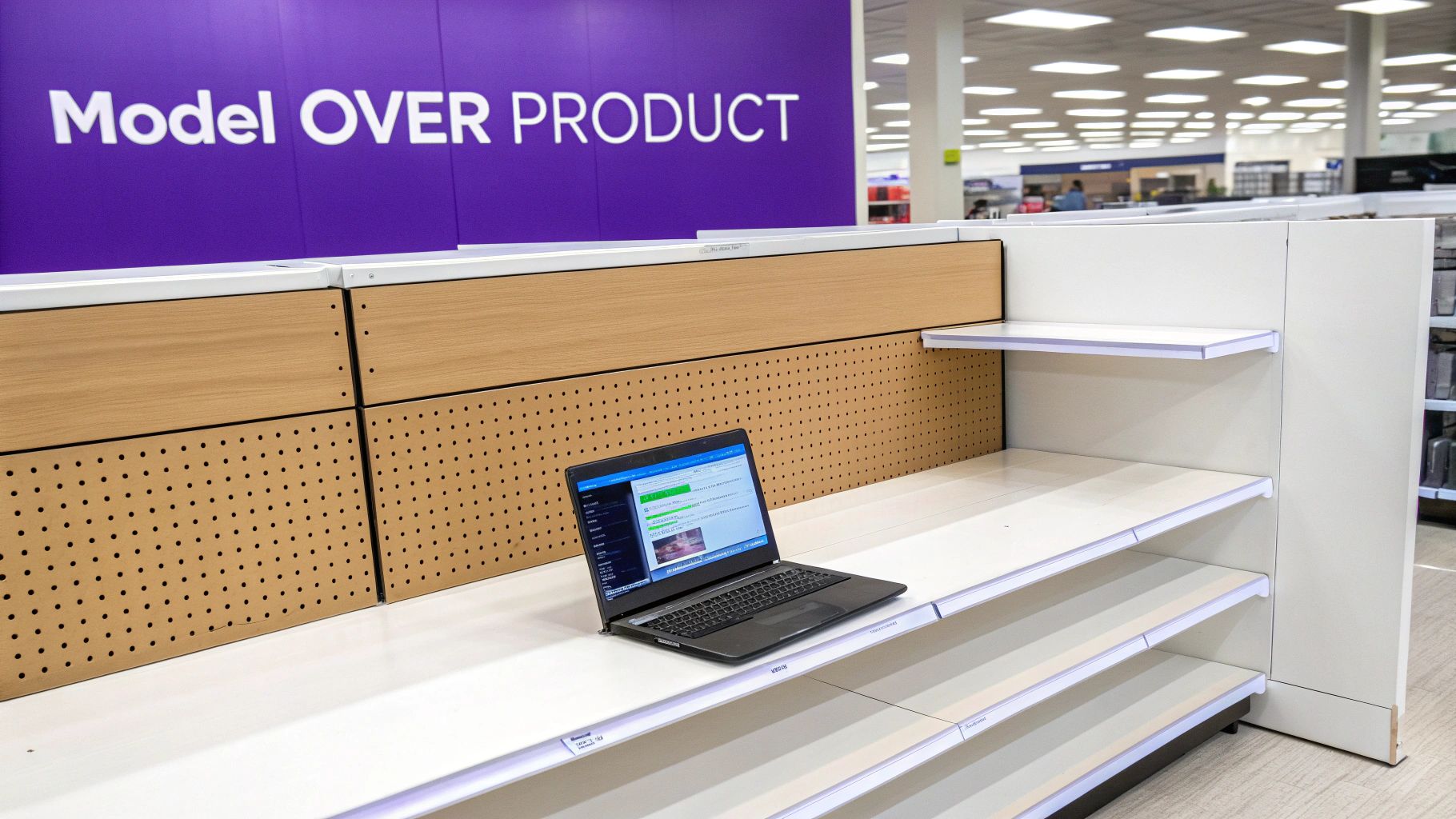 A retail store display featuring a 'Model OVER PRODUCT' sign, a laptop, and empty shelves.