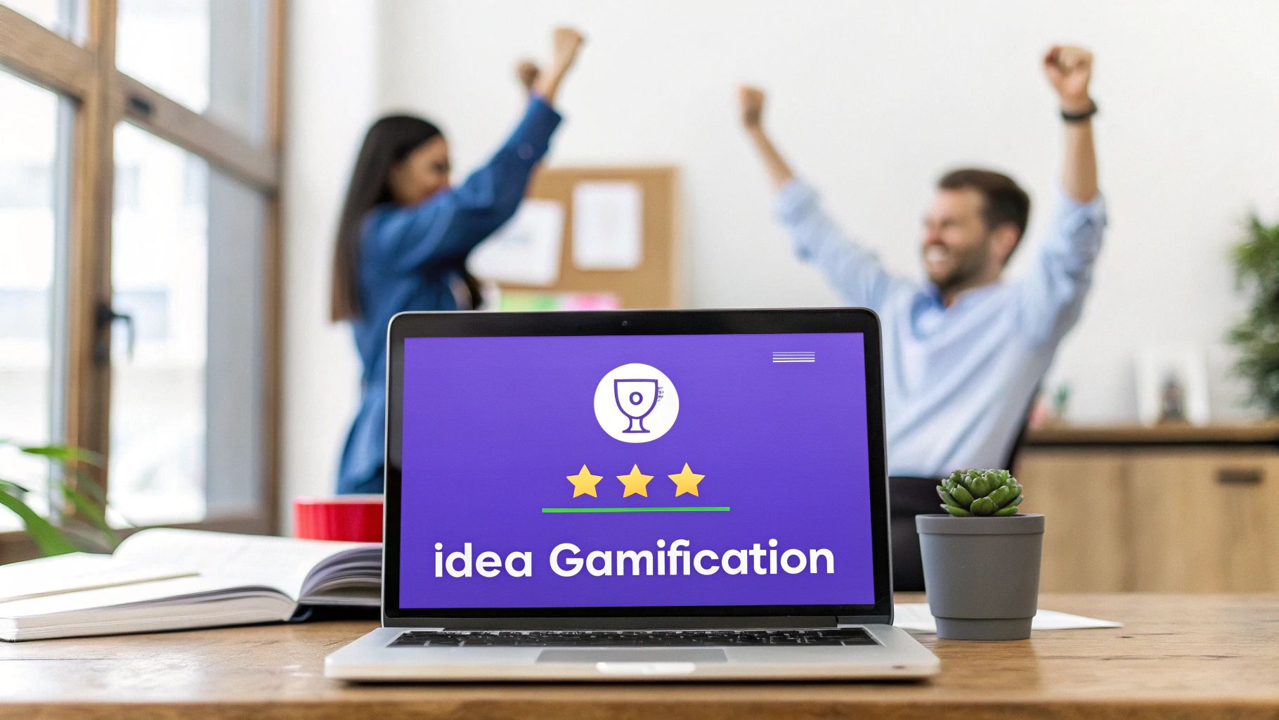 Laptop displaying 'idea Gamification' with a trophy and three stars, as two colleagues celebrate success.
