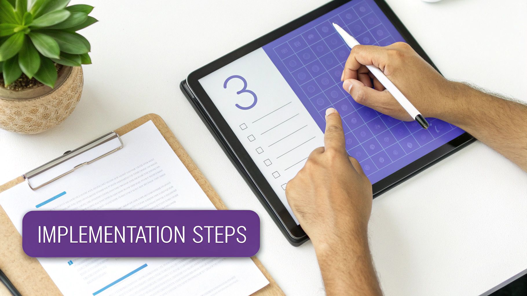 Hands using a stylus on a tablet displaying a checklist and the number 3, with 'Implementation Steps' overlay.