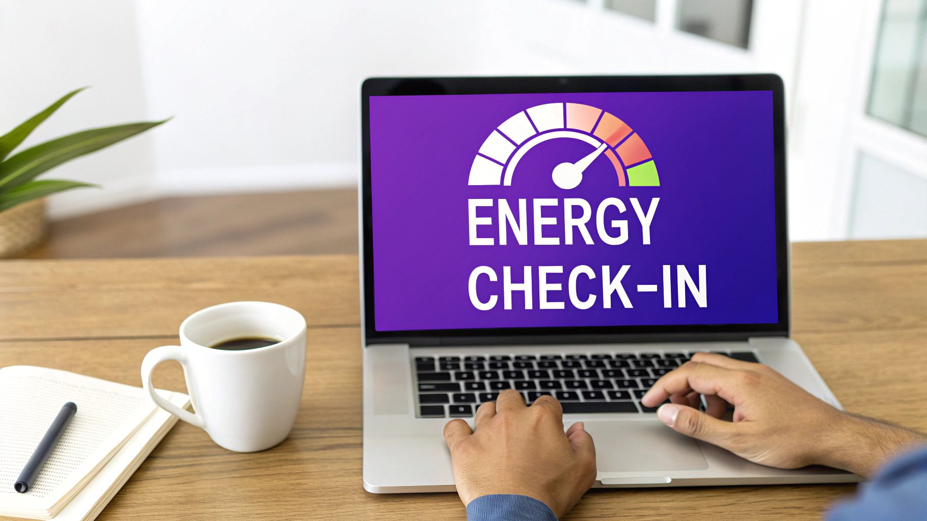 A person's hands on a laptop displaying 'Energy Check-In' with a high energy gauge, on a wooden desk with coffee.