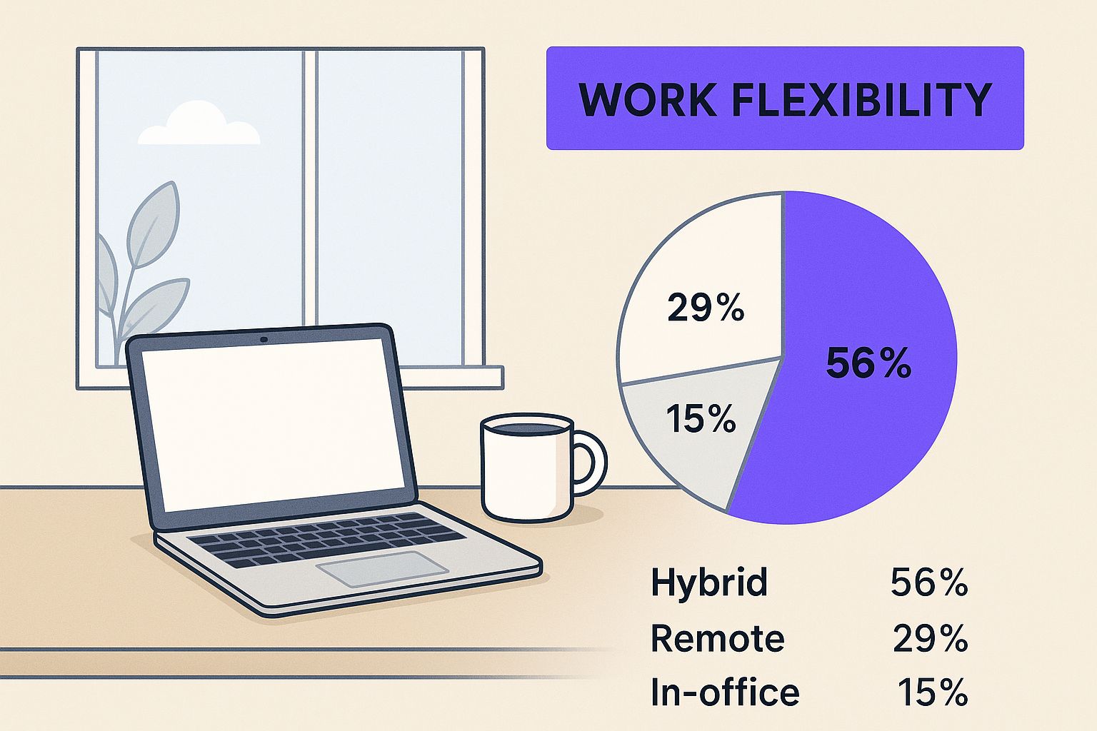 Infographic of a bright home office with a laptop and coffee mug, highlighting the theme of work flexibility.