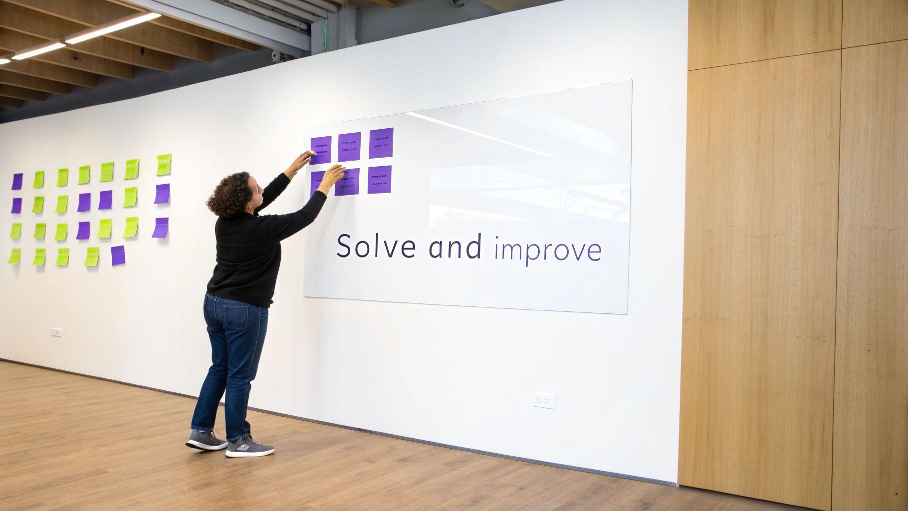 A person placing purple sticky notes on a 'Solve and improve' whiteboard in a collaborative office.