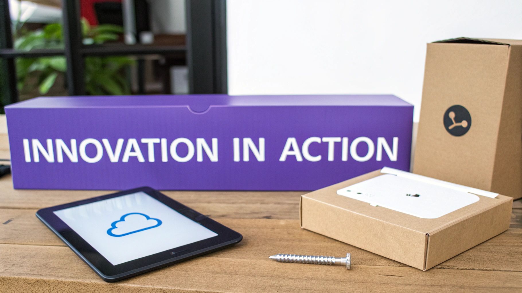 A purple 'INNOVATION IN ACTION' box, tablet with cloud, and tech product packaging on a wooden desk.
