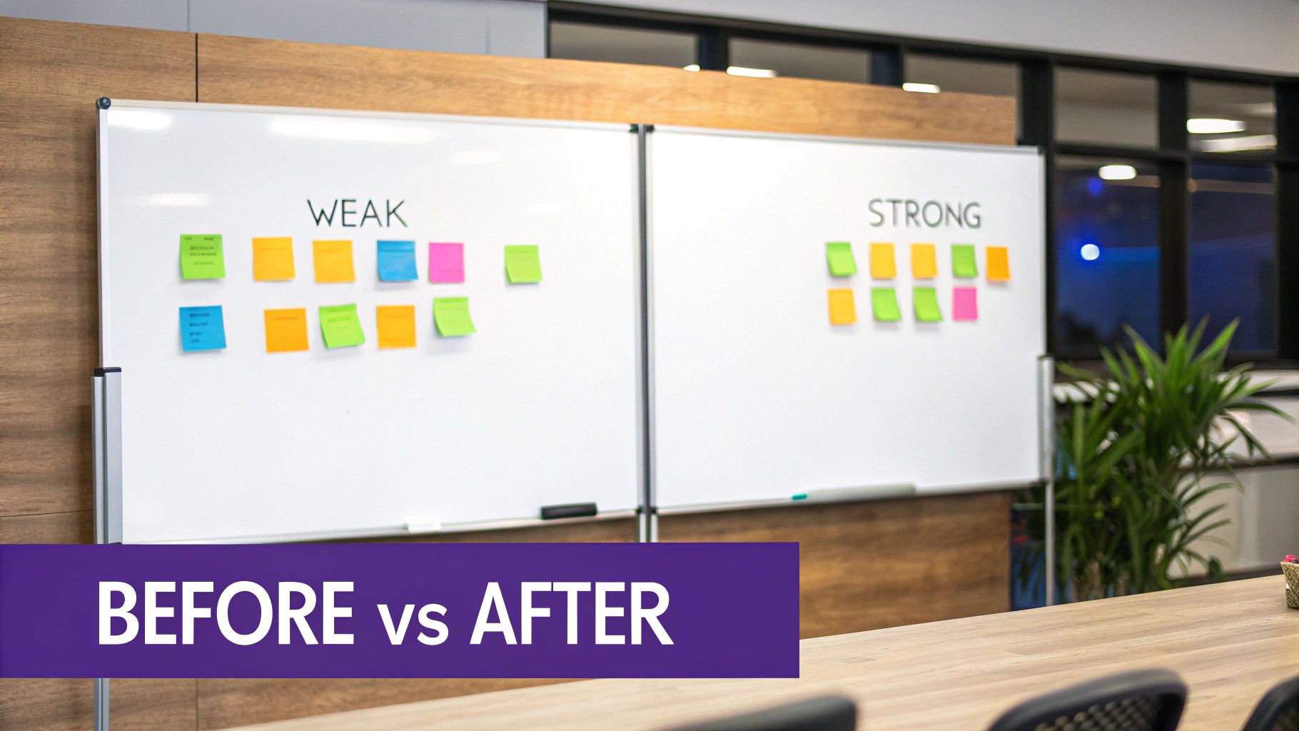 Two whiteboards labeled 'WEAK' and 'STRONG' with colorful sticky notes, in a modern office.