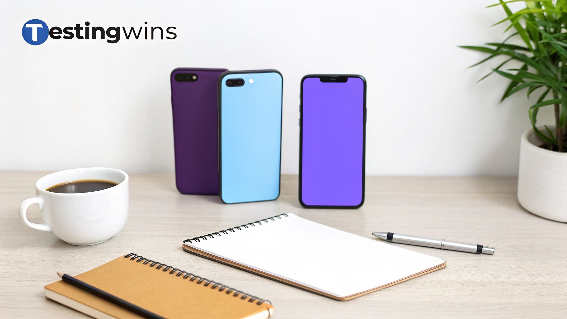 A modern desk setup with three smartphones, coffee, notebooks, and a plant for app testing.