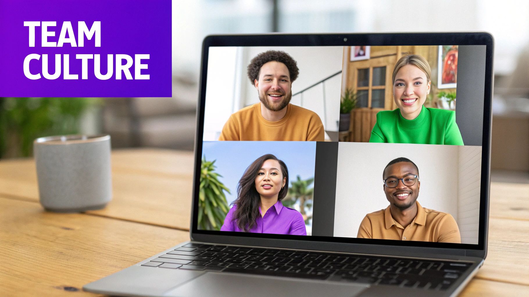 A laptop displays a video conference with four smiling diverse team members, alongside a 'TEAM CULTURE' banner.