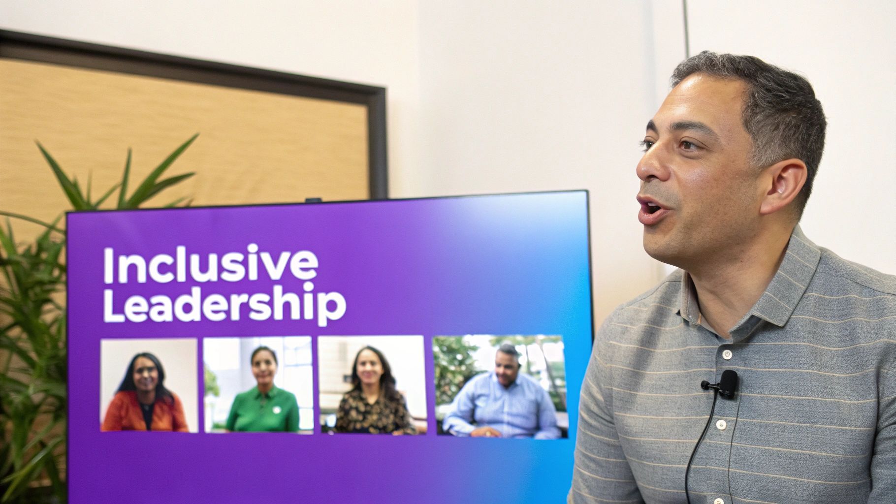 A man speaks into a microphone, standing in front of a screen displaying "Inclusive Leadership" and diverse faces.