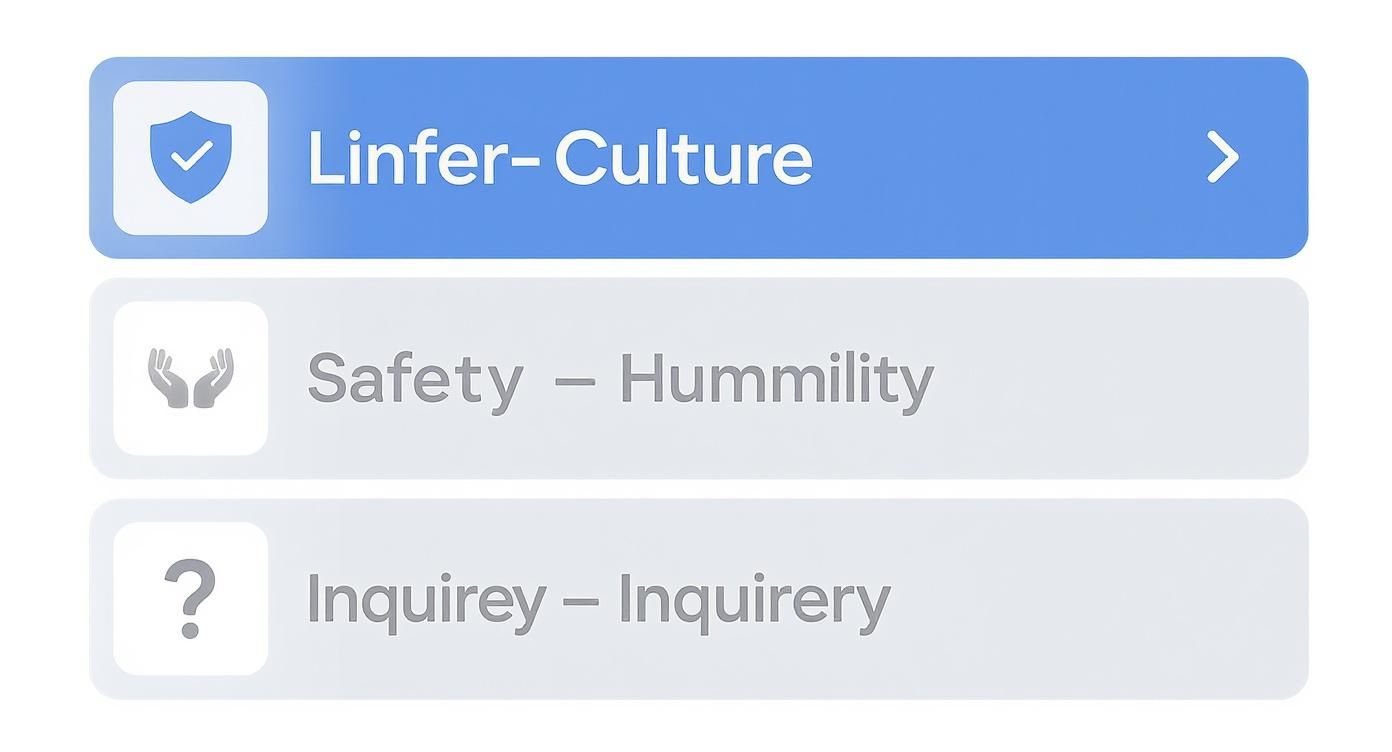 Three educational buttons showing Linfer-Culture, Safety-Hummility, and Inquirey-Inquirery concepts for critical thinking development