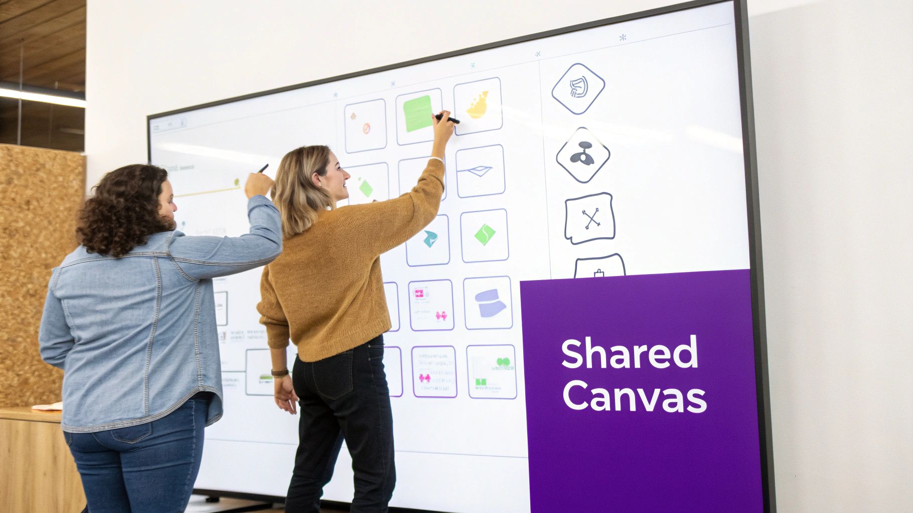 Two women collaboratively brainstorm on a large interactive whiteboard with a stylus, displaying a shared canvas interface.