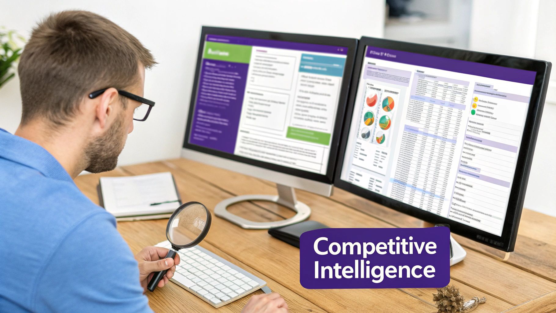 Man with glasses using a magnifying glass while reviewing competitive intelligence data on dual monitors.