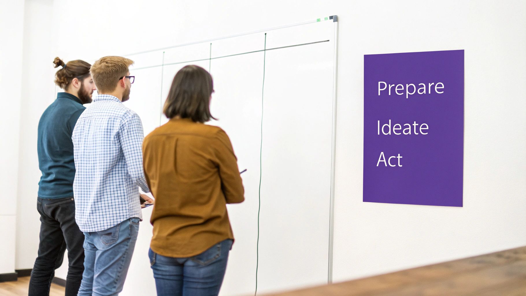 Three people brainstorming ideas on a whiteboard, with a 'Prepare Ideate Act' sign.