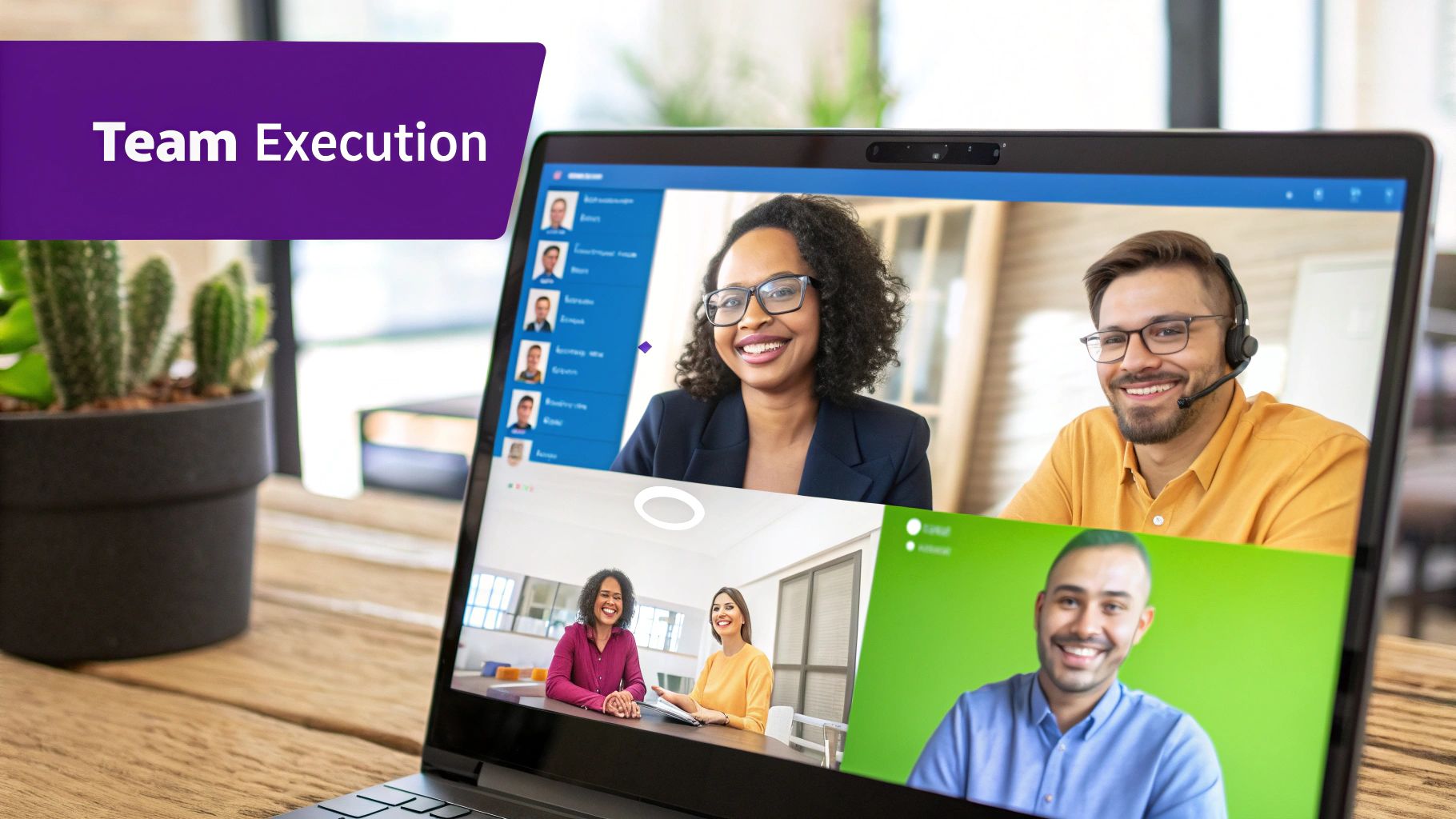A diverse remote team engaged in a video conference, celebrating a project milestone with digital confetti on screen, symbolizing successful plan execution and empowerment.