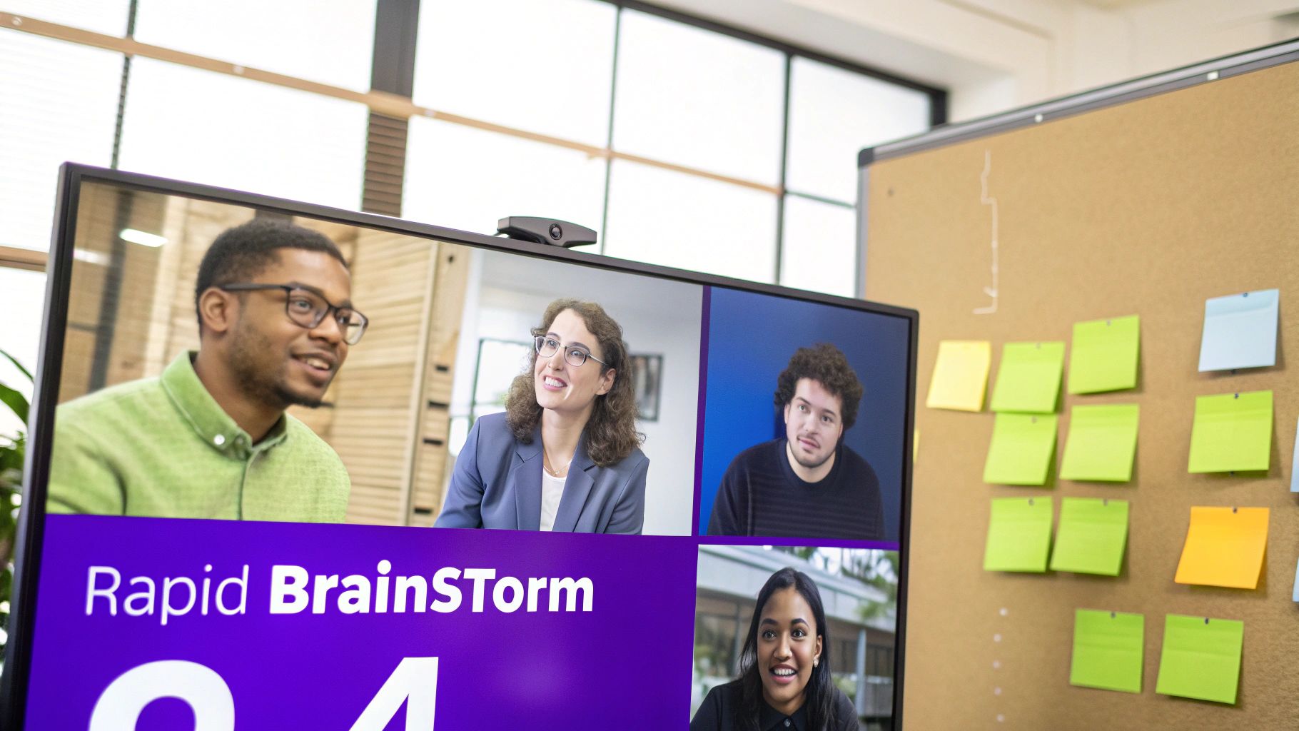 A screen shows a video conference with four diverse people participating in a Rapid BrainSTorm.