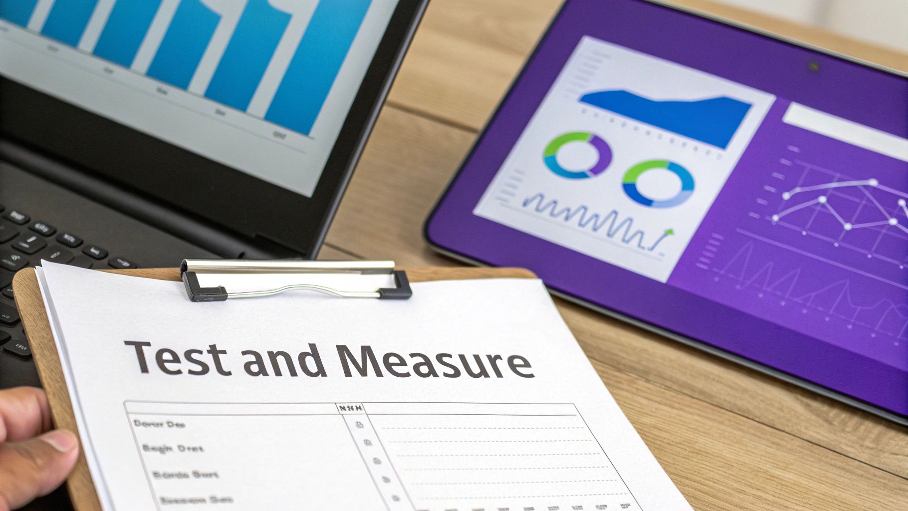 A hand holds a clipboard with "Test and Measure" document, alongside a laptop and tablet showing data analysis charts.