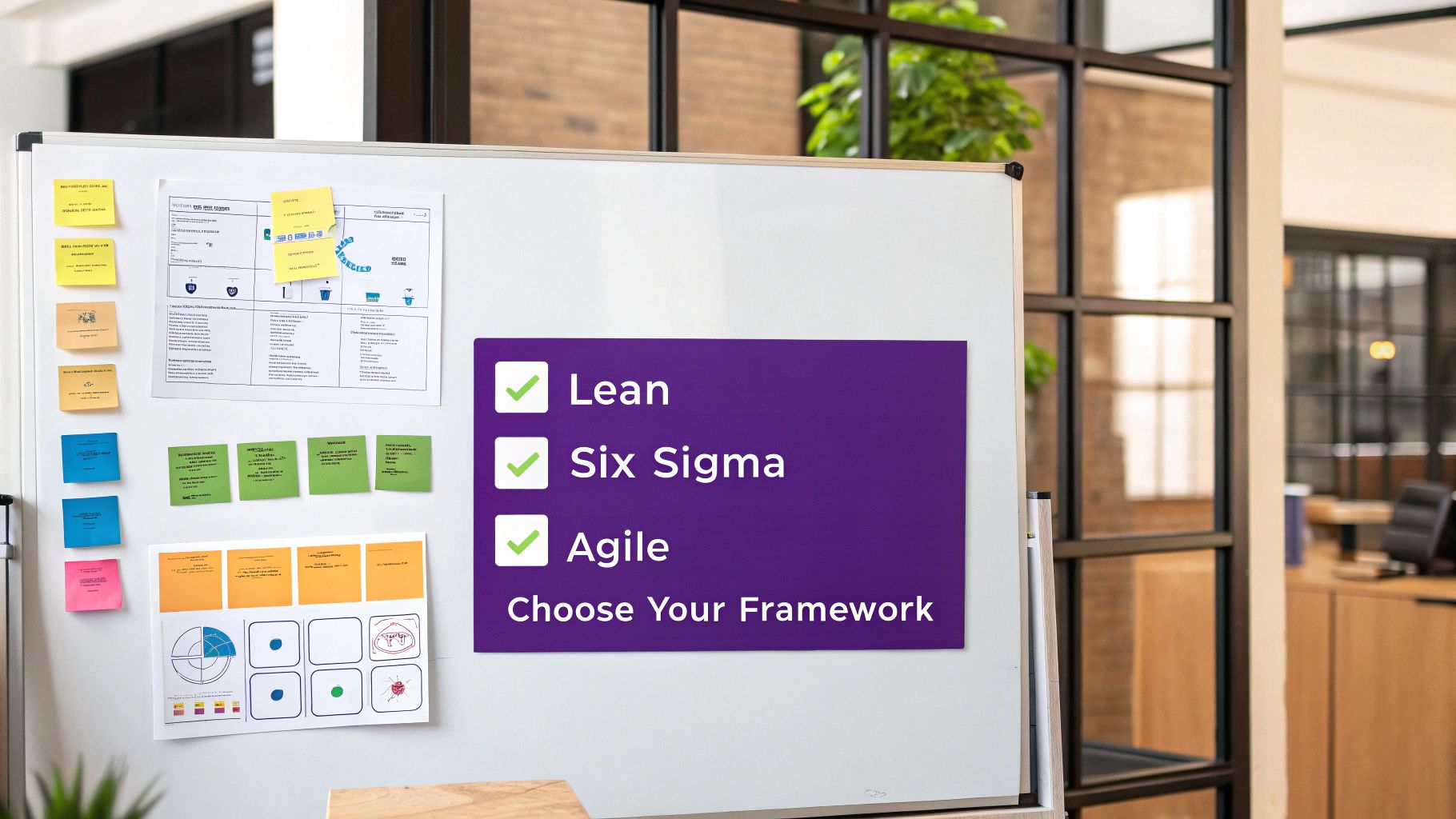 A team collaborating around a table with sticky notes, planning a new process.