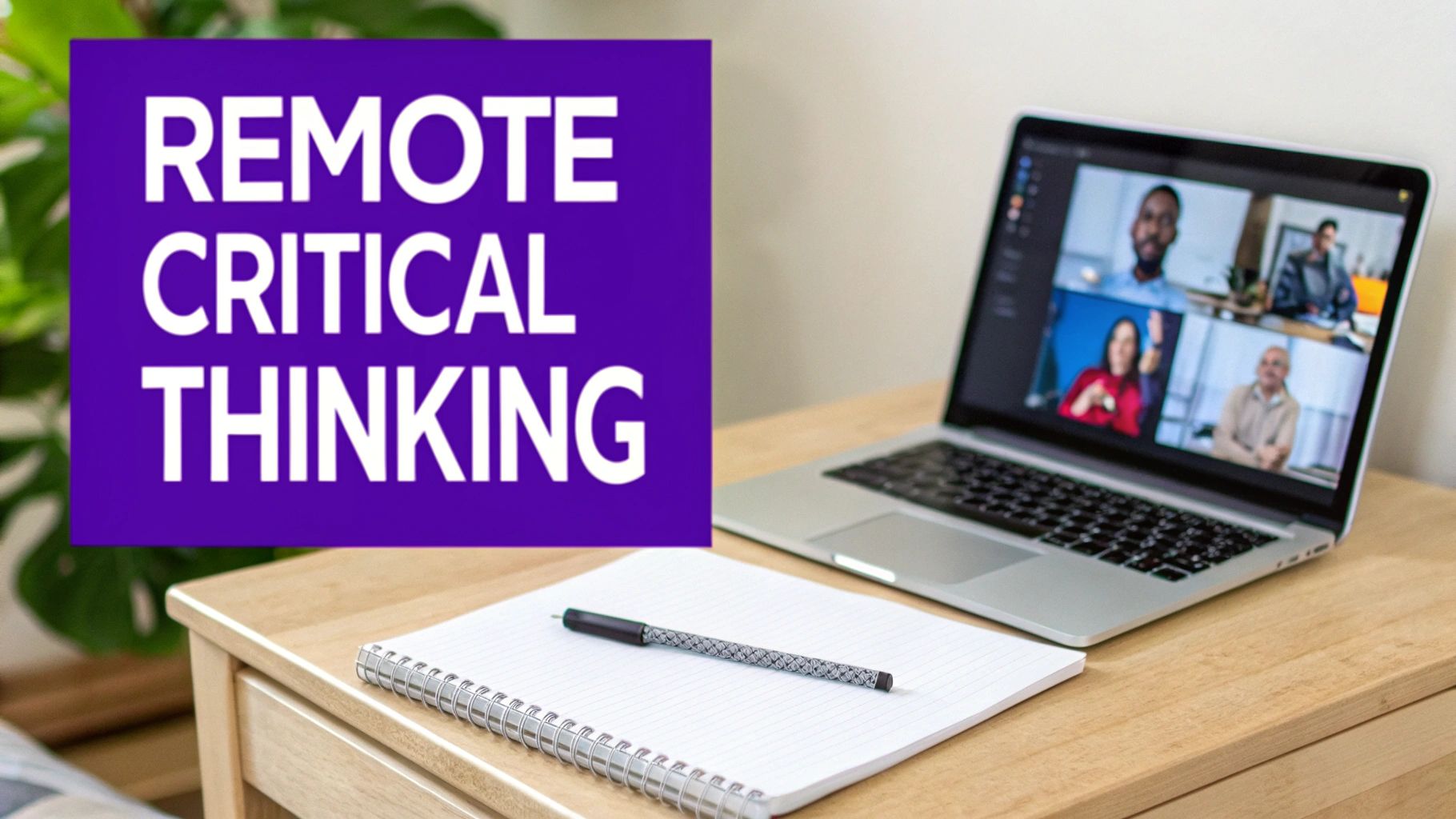 Laptop displaying video conference call with remote team members discussing critical thinking skills development