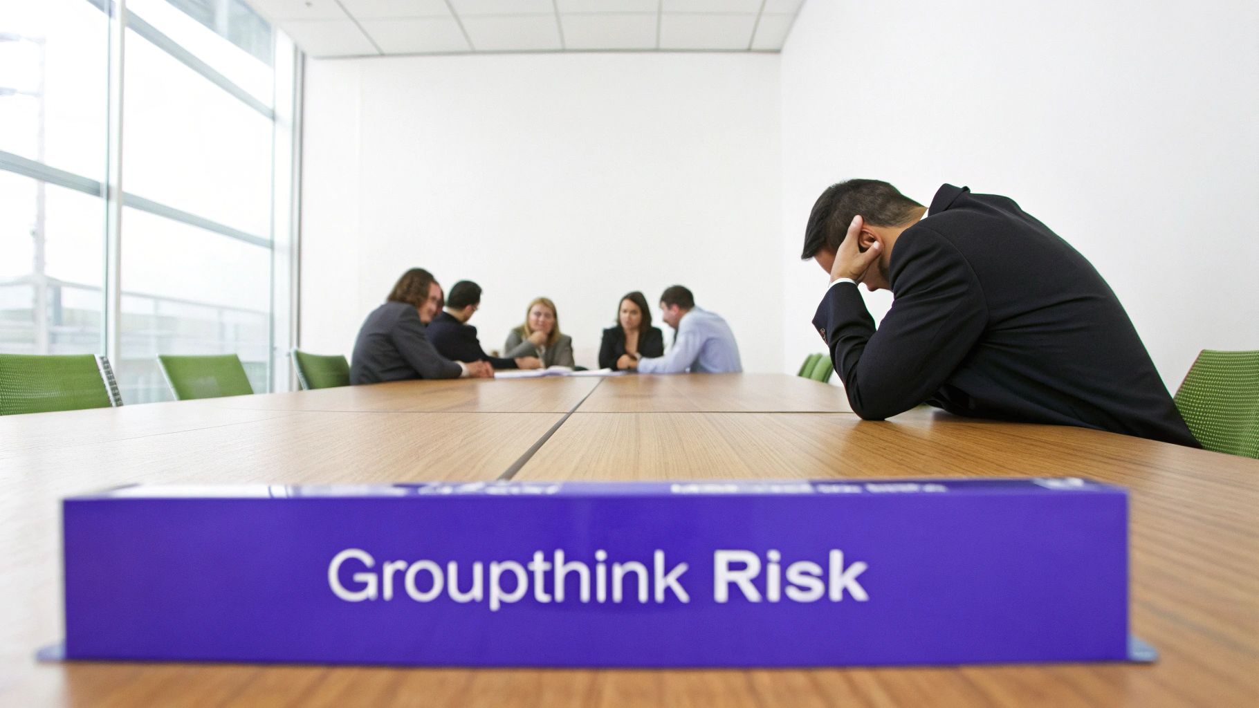 Meeting room with a 'Groupthink Risk' sign in front, and a man looking distressed among colleagues.