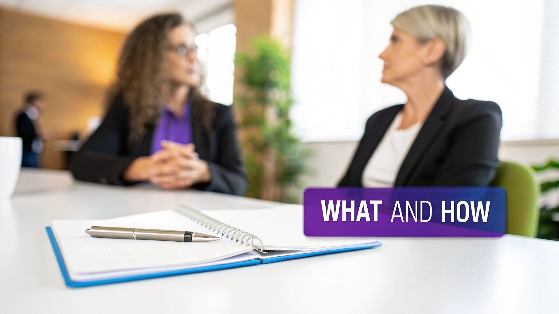 Two businesswomen in a meeting, a notebook with a pen on the table, discussing strategies.