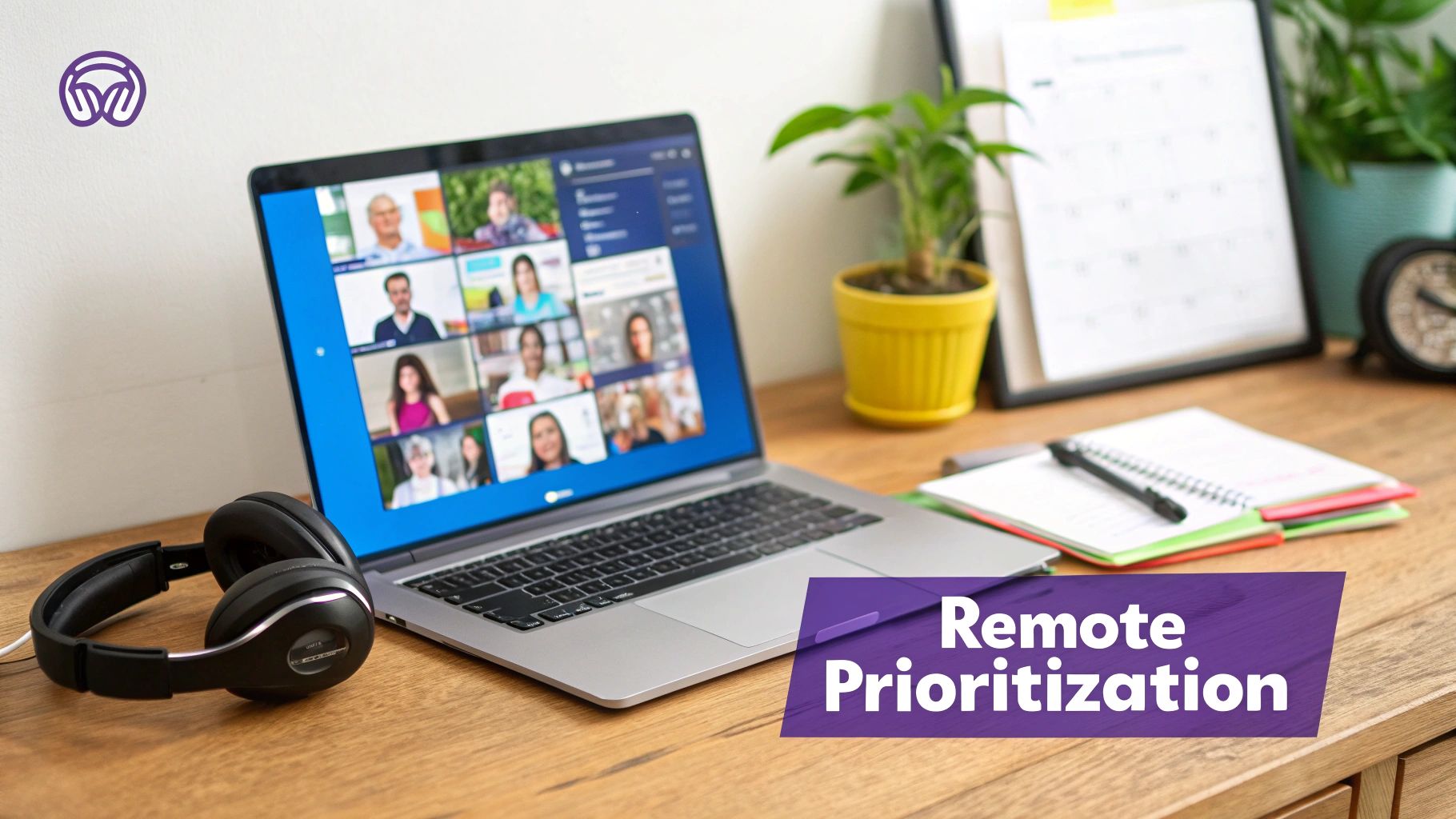 Laptop displaying a remote team video conference with headphones and a notebook on a wooden desk.