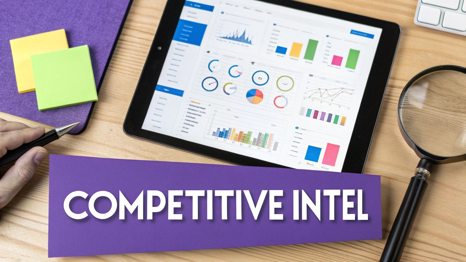 Desk with a tablet displaying competitive intelligence data charts, a pen, a magnifying glass, and sticky notes.