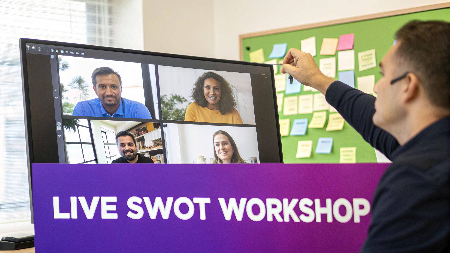 A man leads a live SWOT workshop, interacting with virtual participants on a monitor.