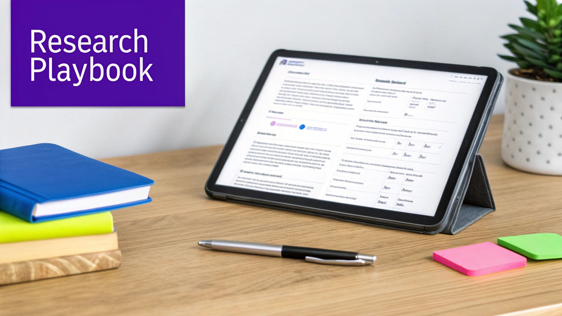 A 'Research Playbook' sign above a modern desk setup with a tablet displaying data, notebooks, and a pen.