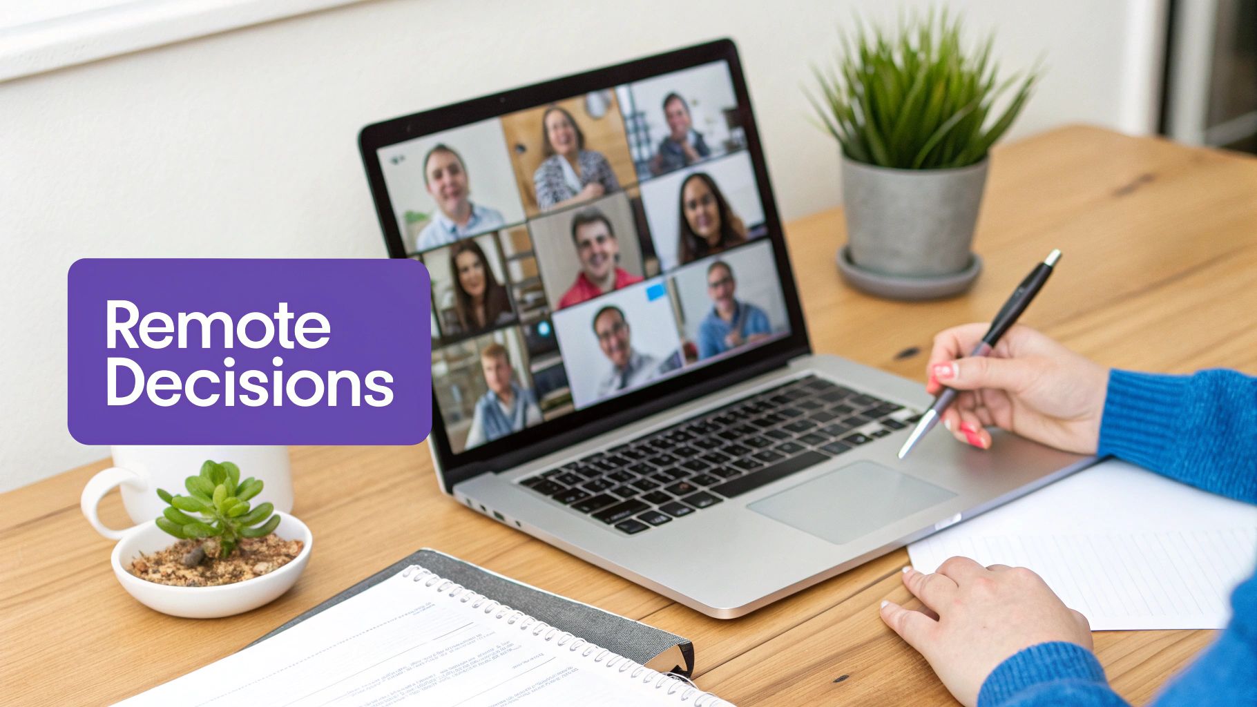 A person taking notes during a remote video conference displaying multiple participants, with 'Remote Decisions' text overlay.