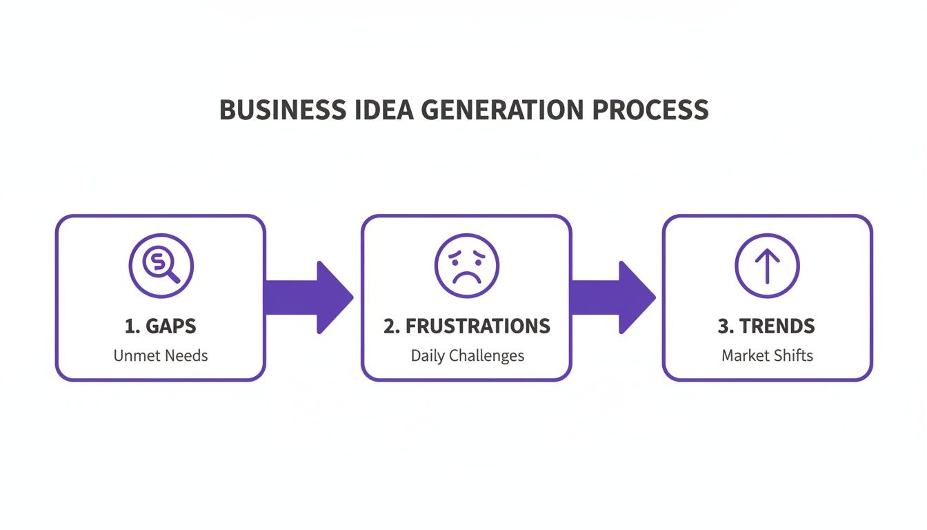 A flowchart illustrates the business idea generation process, outlining steps: Gaps (Unmet Needs), Frustrations (Daily Challenges), and Trends (Market Shifts).
