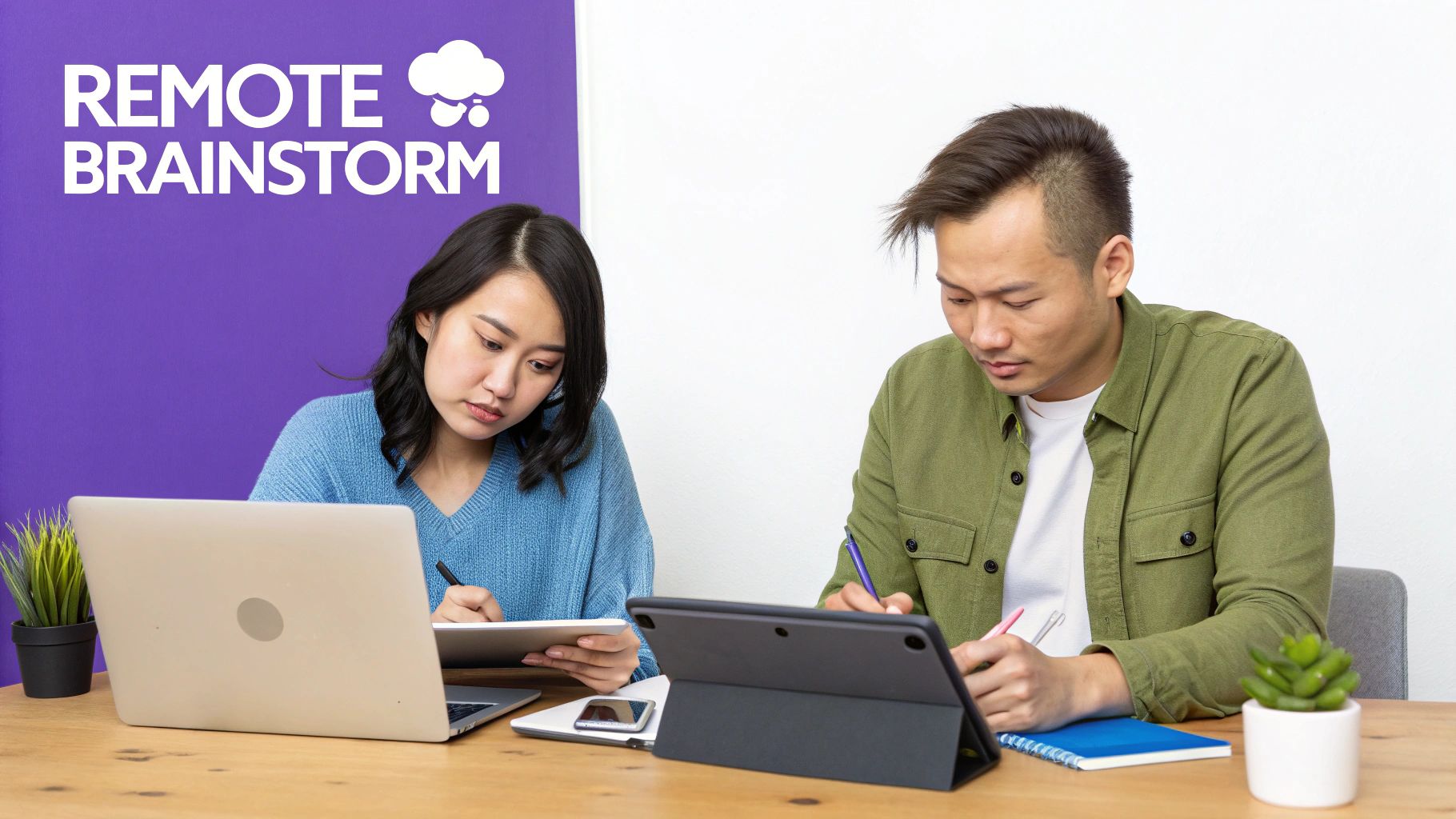 A man and a woman work on tablets and laptops during a remote brainstorm session.