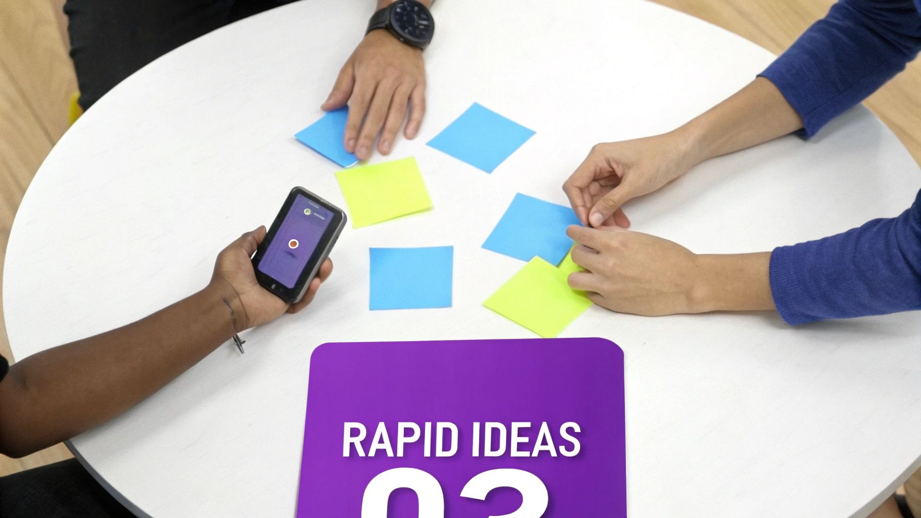 People collaborating on a table with colorful sticky notes, using a smartphone for rapid idea generation.