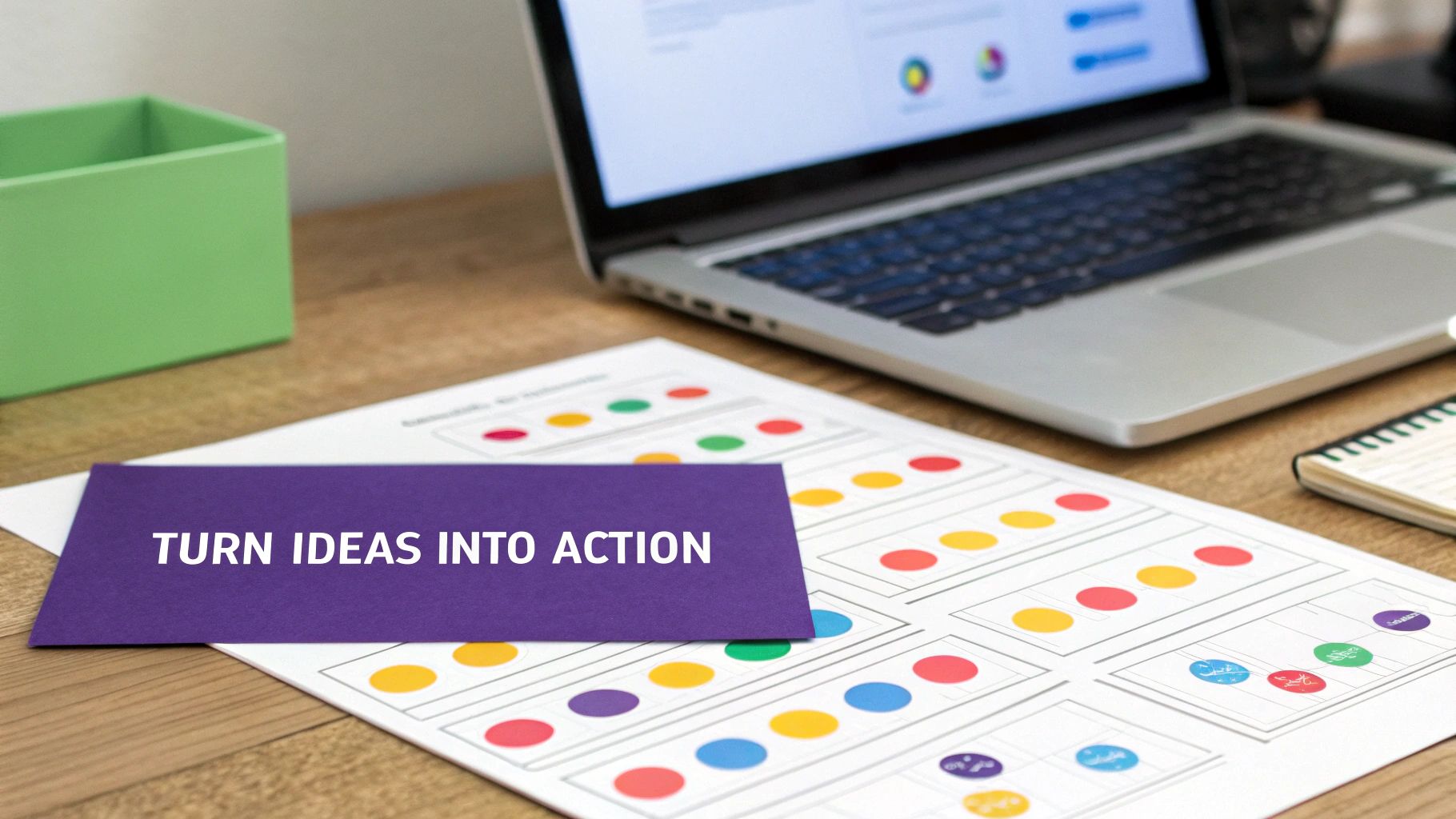 A purple card saying 'TURN IDEAS INTO ACTION' on a desk with a laptop and planning sheet.