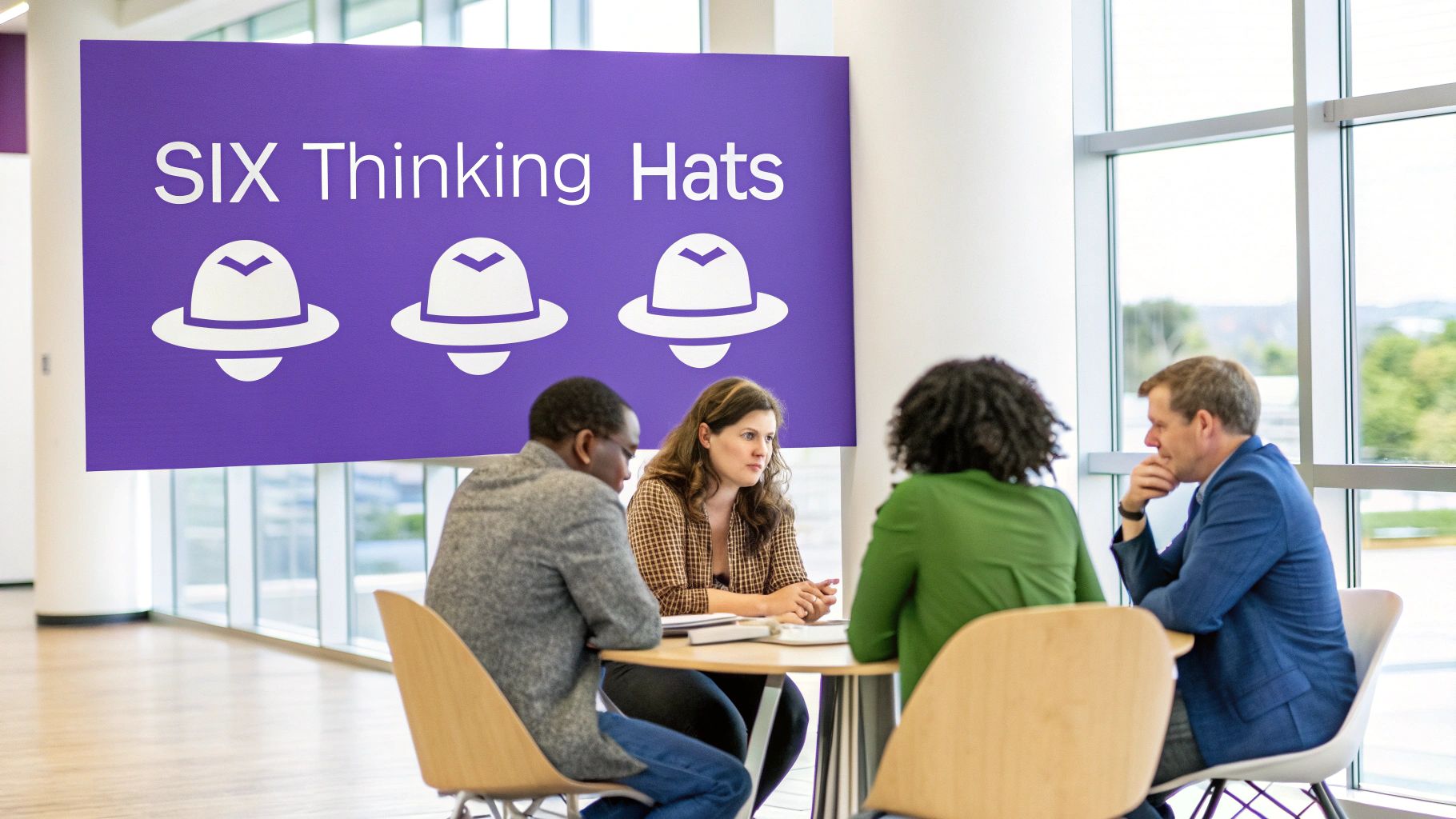 Four diverse professionals discuss ideas under a 'SIX Thinking Hats' banner in a modern office.