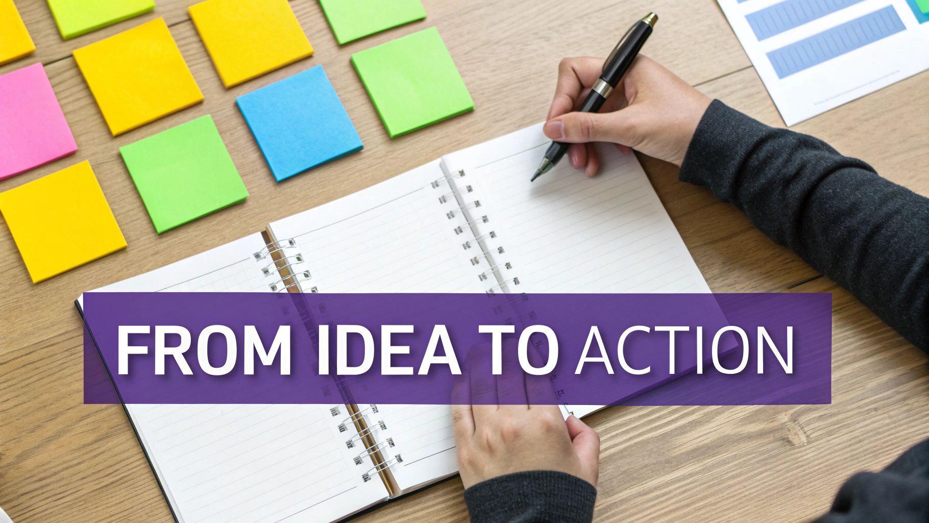 A team using sticky notes on a whiteboard to organize and prioritize ideas into actionable steps.