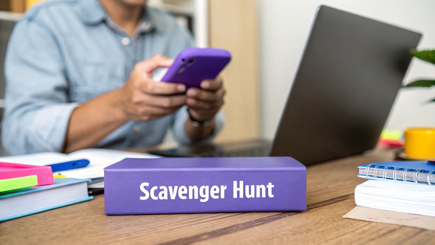 A group of remote employees holding up various items they found during a virtual scavenger hunt on a video call.