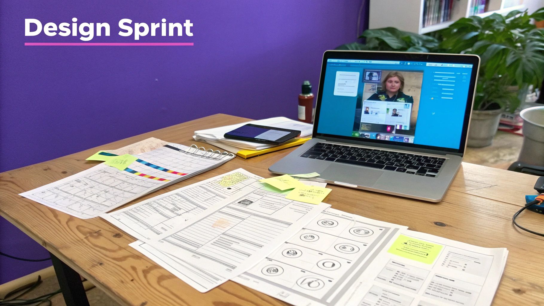 A design sprint workspace with a laptop, papers, and sticky notes on a wooden desk.